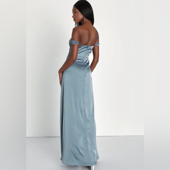 NWT Lulu’s Slate Blue Remarkably Dreamy Satin Off Shoulder Maxi Dress HOCO XL - Picture 8 of 16